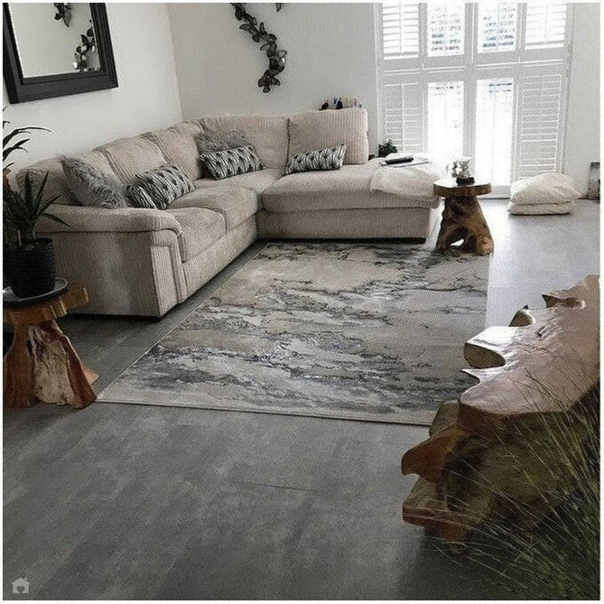 Aurora AU02 Cloud Modern Abstract Distressed Marbled Metallic Shimmer Textured High-Density Soft Smooth Low Profile Polyblend Short-Pile Grey/Beige/Silver/Cream/White Runner