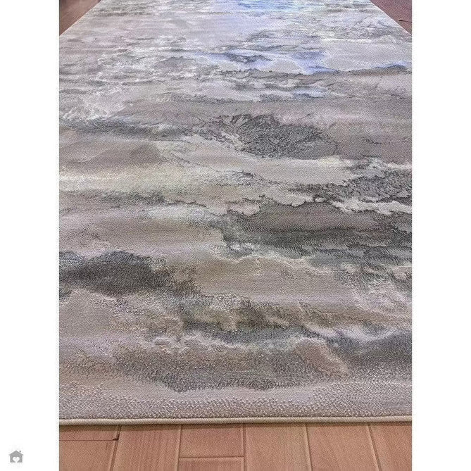 Aurora AU02 Cloud Modern Abstract Distressed Marbled Metallic Shimmer Textured High-Density Soft Smooth Low Profile Polyblend Short-Pile Grey/Beige/Silver/Cream/White Runner