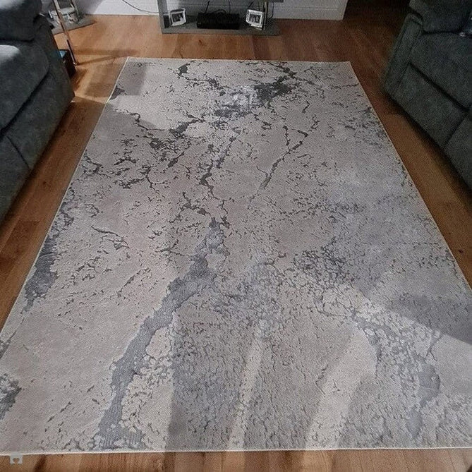 Aurora AU03 Solar Modern Abstract Distressed Marbled Metallic Shimmer Textured High-Density Soft Smooth Low Profile Polyblend Short-Pile Silver/Grey/Charcoal/Beige/Cream Runner