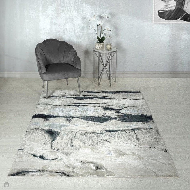 Aurora AU05 Quartz Modern Abstract Distressed Marbled Metallic Shimmer Textured High-Density Soft Smooth Low Profile Polyblend Short-Pile Silver/Grey/Charcoal Grey/Black/Cream Rug-Asiatic Carpets-Rug Love - The Most Loved Rug Store
