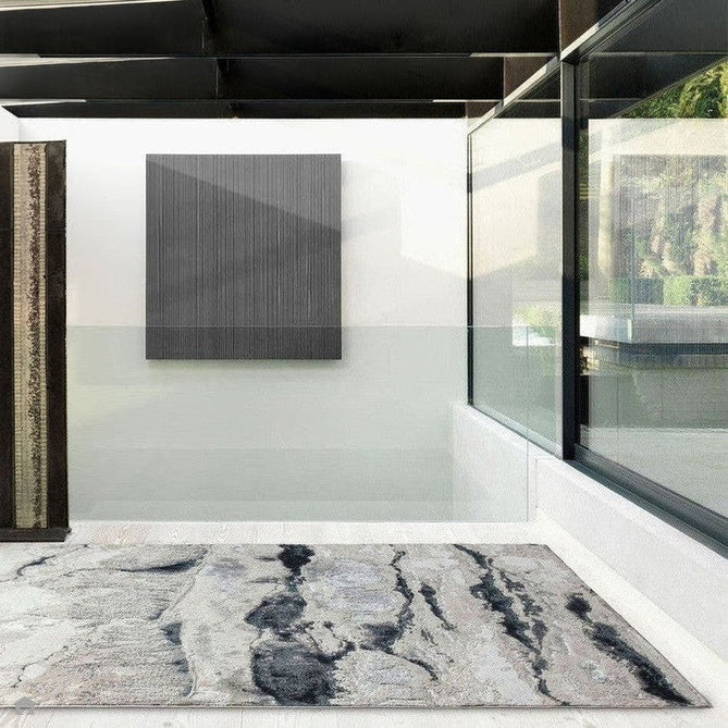 Aurora AU05 Quartz Modern Abstract Distressed Marbled Metallic Shimmer Textured High-Density Soft Smooth Low Profile Polyblend Short-Pile Silver/Grey/Charcoal Grey/Black/Cream Rug-Asiatic Carpets-Rug Love - The Most Loved Rug Store