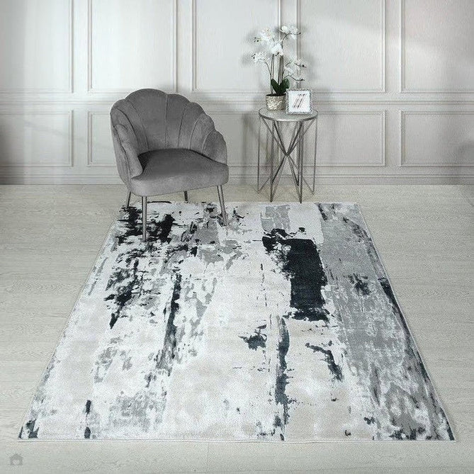 Aurora AU10 Glacier Modern Abstract Distressed Marbled Metallic Shimmer Textured High-Density Soft Smooth Low Profile Polyblend Short-Pile Silver/Grey/Black/Charcoal/Cream Rug-Asiatic Carpets-Rug Love - The Most Loved Rug Store