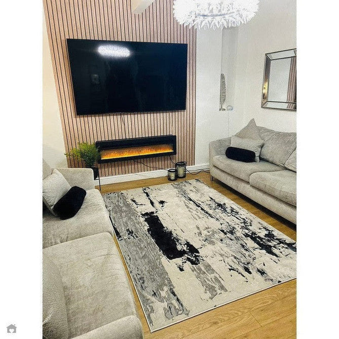 Aurora AU10 Glacier Modern Abstract Distressed Marbled Metallic Shimmer Textured High-Density Soft Smooth Low Profile Polyblend Short-Pile Silver/Grey/Black/Charcoal/Cream Rug-Asiatic Carpets-Rug Love - The Most Loved Rug Store