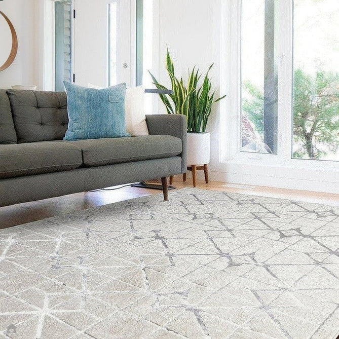 Aurora AU11 Lattice Modern Geometric Distressed Metallic Shimmer Textured High-Density Soft Smooth Low Profile Polyblend Short-Pile Beige/Silver/Grey/Ivory Rug-Asiatic Carpets-Rug Love - The Most Loved Rug Store