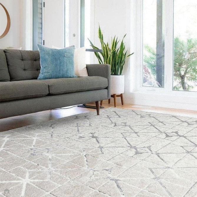 Aurora AU11 Lattice Modern Geometric Distressed Metallic Shimmer Textured High-Density Soft Smooth Low Profile Polyblend Short-Pile Beige/Silver/Grey/Ivory Rug-Asiatic Carpets-Rug Love - The Most Loved Rug Store