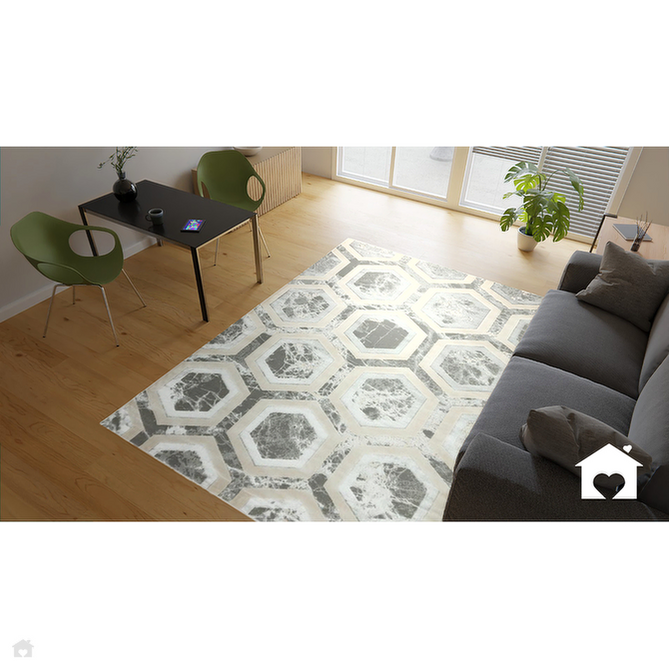 Aurora AU12 Crystal Modern Geometric Hexagonal Distressed Metallic Shimmer Textured High-Density Soft Smooth Low Profile Polyblend Short-Pile Silver/Grey/Beige/Ivory/Charcoal Grey Rug-Asiatic Carpets-Rug Love - The Most Loved Rug Store