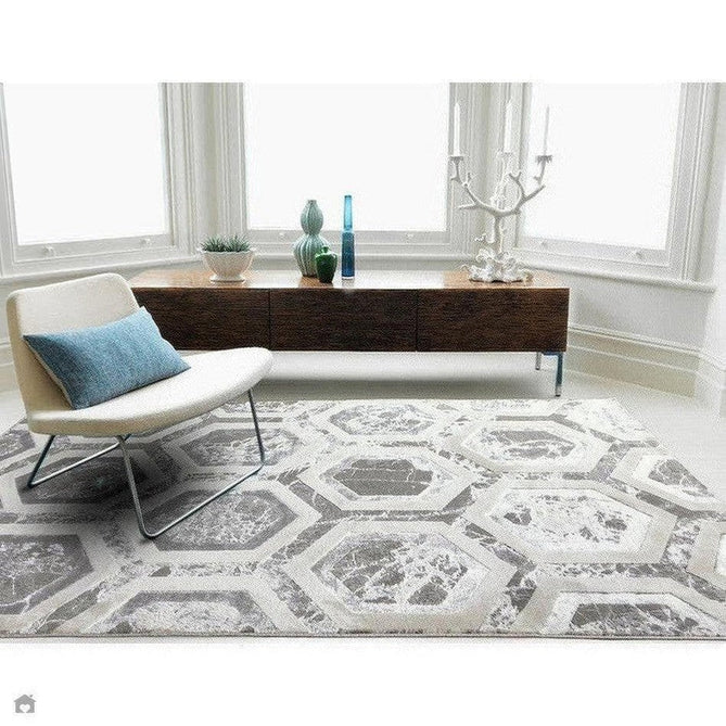 Aurora AU12 Crystal Modern Geometric Hexagonal Distressed Metallic Shimmer Textured High-Density Soft Smooth Low Profile Polyblend Short-Pile Silver/Grey/Beige/Ivory/Charcoal Grey Rug-Asiatic Carpets-Rug Love - The Most Loved Rug Store