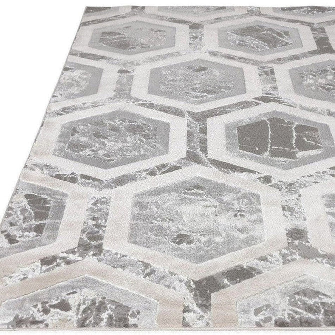 Aurora AU12 Crystal Modern Geometric Hexagonal Distressed Metallic Shimmer Textured High-Density Soft Smooth Low Profile Polyblend Short-Pile Silver/Grey/Beige/Ivory/Charcoal Grey Rug-Asiatic Carpets-Rug Love - The Most Loved Rug Store