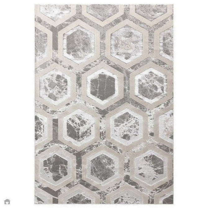 Aurora AU12 Crystal Modern Geometric Hexagonal Distressed Metallic Shimmer Textured High-Density Soft Smooth Low Profile Polyblend Short-Pile Silver/Grey/Beige/Ivory/Charcoal Grey Rug-Asiatic Carpets-Rug Love - The Most Loved Rug Store