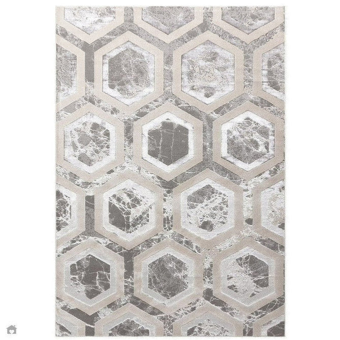 Aurora AU12 Crystal Modern Geometric Hexagonal Distressed Metallic Shimmer Textured High-Density Soft Smooth Low Profile Polyblend Short-Pile Silver/Grey/Beige/Ivory/Charcoal Grey Rug-Asiatic Carpets-Rug Love - The Most Loved Rug Store