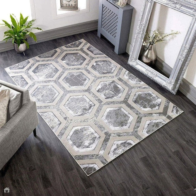 Aurora AU12 Crystal Modern Geometric Hexagonal Distressed Metallic Shimmer Textured High-Density Soft Smooth Low Profile Polyblend Short-Pile Silver/Grey/Beige/Ivory/Charcoal Grey Rug-Asiatic Carpets-Rug Love - The Most Loved Rug Store