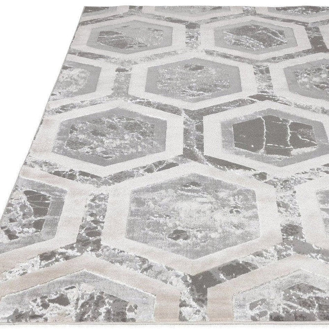 Aurora AU12 Crystal Modern Geometric Hexagonal Distressed Metallic Shimmer Textured High-Density Soft Smooth Low Profile Polyblend Short-Pile Silver/Grey/Beige/Ivory/Charcoal Grey Rug-Asiatic Carpets-Rug Love - The Most Loved Rug Store