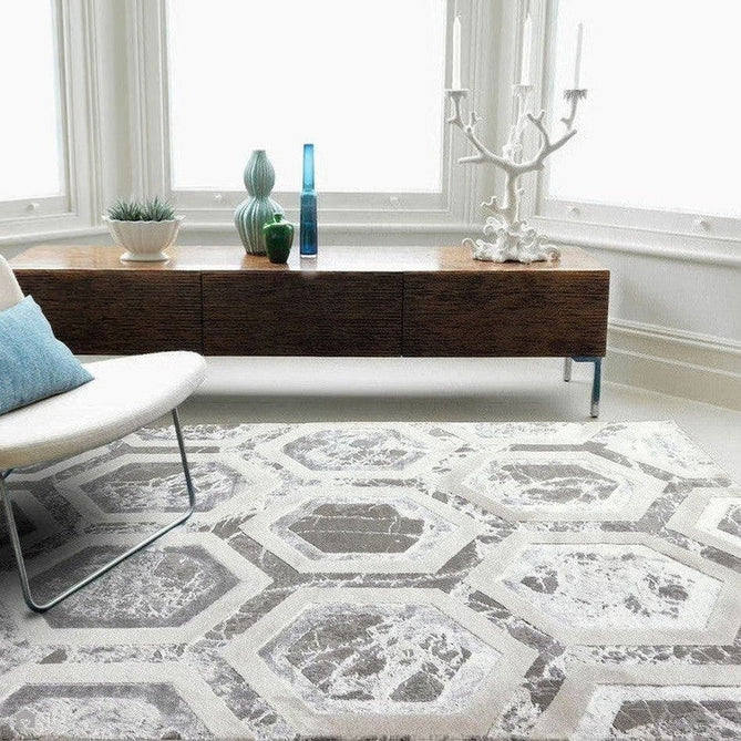 Aurora AU12 Crystal Modern Geometric Hexagonal Distressed Metallic Shimmer Textured High-Density Soft Smooth Low Profile Polyblend Short-Pile Silver/Grey/Beige/Ivory/Charcoal Grey Rug-Asiatic Carpets-Rug Love - The Most Loved Rug Store