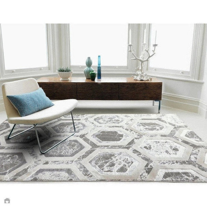 Aurora AU12 Crystal Modern Geometric Hexagonal Distressed Metallic Shimmer Textured High-Density Soft Smooth Low Profile Polyblend Short-Pile Silver/Grey/Beige/Ivory/Charcoal Grey Rug-Asiatic Carpets-Rug Love - The Most Loved Rug Store