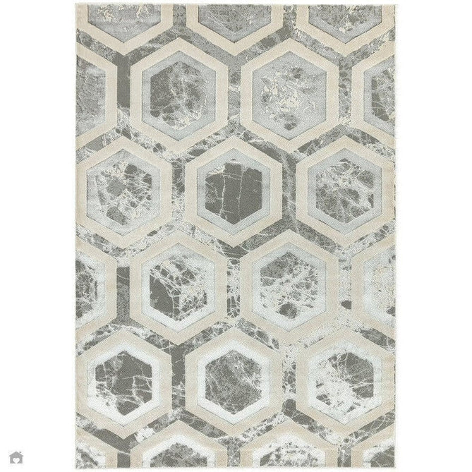Aurora AU12 Crystal Modern Geometric Hexagonal Distressed Metallic Shimmer Textured High-Density Soft Smooth Low Profile Polyblend Short-Pile Silver/Grey/Beige/Ivory/Charcoal Grey Rug-Asiatic Carpets-Rug Love - The Most Loved Rug Store