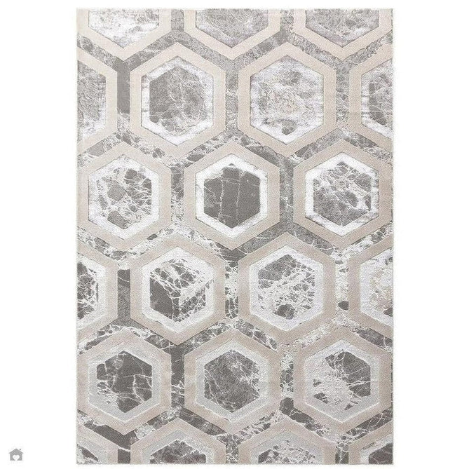 Aurora AU12 Crystal Modern Geometric Hexagonal Distressed Metallic Shimmer Textured High-Density Soft Smooth Low Profile Polyblend Short-Pile Silver/Grey/Beige/Ivory/Charcoal Grey Rug-Asiatic Carpets-Rug Love - The Most Loved Rug Store