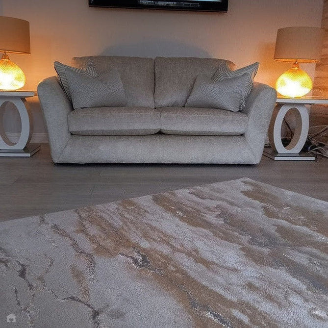 Aurora AU17 Linea Modern Abstract Distressed Marbled Metallic Shimmer Textured High-Density Soft Smooth Low Profile Polyblend Short-Pile Beige/Bronze/Brown/Champagne/Grey Rug-Asiatic Carpets-Rug Love - The Most Loved Rug Store