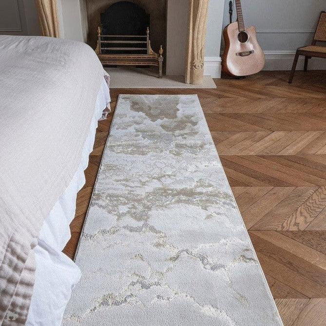 Aurora AU17 Linea Modern Abstract Distressed Marbled Metallic Shimmer Textured High-Density Soft Smooth Low Profile Polyblend Short-Pile Beige/Bronze/Brown/Champagne/Grey Runner-Asiatic Carpets-Rug Love - The Most Loved Rug Store