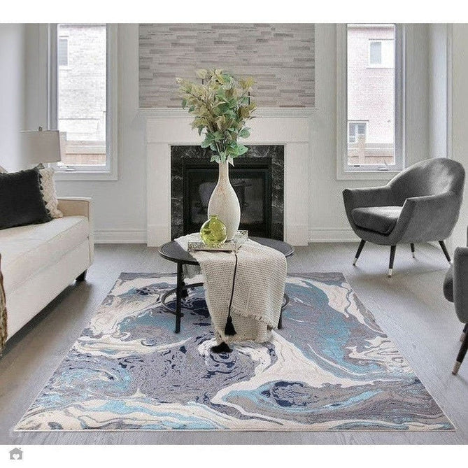 Aurora AU18 Ocean Modern Abstract Distressed Marbled Metallic Shimmer Textured High-Density Soft Smooth Low Profile Polyblend Short-Pile Cream/Navy Blue/Light Blue/Charcoal/Silver/Blue-Grey/Off White Rug-Asiatic Carpets-Rug Love - The Most Loved Rug Store