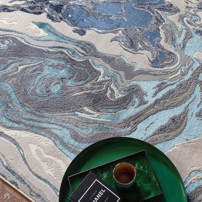 Aurora AU18 Ocean Modern Abstract Distressed Marbled Metallic Shimmer Textured High-Density Soft Smooth Low Profile Polyblend Short-Pile Cream/Navy Blue/Light Blue/Charcoal/Silver/Blue-Grey/Off White Rug-Asiatic Carpets-Rug Love - The Most Loved Rug Store