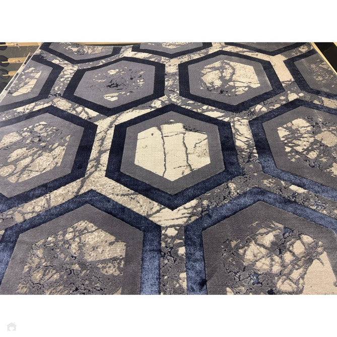 Aurora AU19 Hexagon Modern Abstract Distressed Marbled Metallic Shimmer Textured High-Density Soft Smooth Low Profile Short-Pile Navy Blue/Blue/Charcoal/Silver Rug-Asiatic Carpets-Rug Love - The Most Loved Rug Store