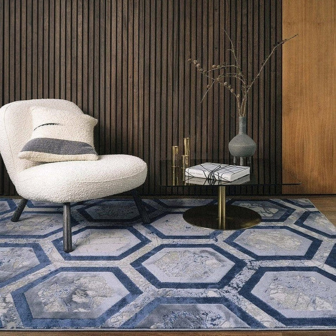 Aurora AU19 Hexagon Modern Abstract Distressed Marbled Metallic Shimmer Textured High-Density Soft Smooth Low Profile Short-Pile Navy Blue/Blue/Charcoal/Silver Rug-Asiatic Carpets-Rug Love - The Most Loved Rug Store