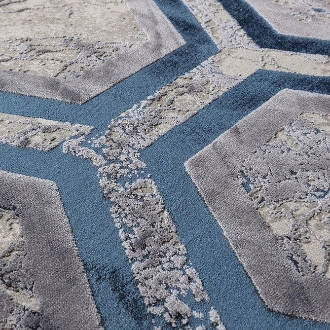 Aurora AU19 Hexagon Modern Abstract Distressed Marbled Metallic Shimmer Textured High-Density Soft Smooth Low Profile Short-Pile Navy Blue/Blue/Charcoal/Silver Rug-Asiatic Carpets-Rug Love - The Most Loved Rug Store