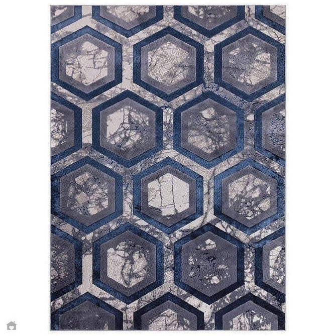 Aurora AU19 Hexagon Modern Abstract Distressed Marbled Metallic Shimmer Textured High-Density Soft Smooth Low Profile Short-Pile Navy Blue/Blue/Charcoal/Silver Rug-Asiatic Carpets-Rug Love - The Most Loved Rug Store
