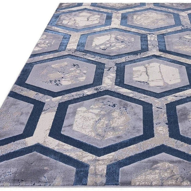 Aurora AU19 Hexagon Modern Geometric Distressed Marbled Metallic Shimmer Textured High-Density Soft Smooth Low Profile Polyblend Short-Pile Cream/Navy Blue/Blue-Grey/Charcoal/Silver/Beige-Grey Rug-Asiatic Carpets-Rug Love - The Most Loved Rug Store