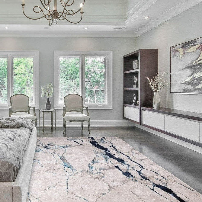 Aurora AU22 Quake Modern Abstract Distressed Marbled Metallic Shimmer Textured High-Density Soft Smooth Low Profile Polyblend Short-Pile Cream/Navy Blue/Blue-Grey/Charcoal/Silver/Pale Blue Rug-Asiatic Carpets-Rug Love - The Most Loved Rug Store