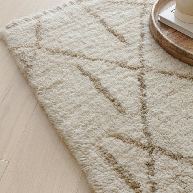 Washable Azera Crosshatch Modern Moroccan Berber Hand-Woven Textured Soft Plush Mid-Height Wool Shaggy Cream/Sand Beige Rug