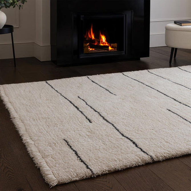 Washable Azera Dash Modern Moroccan Berber Hand-Woven Textured Soft Plush Mid-Height Wool Shaggy Cream/Charcoal Grey Rug