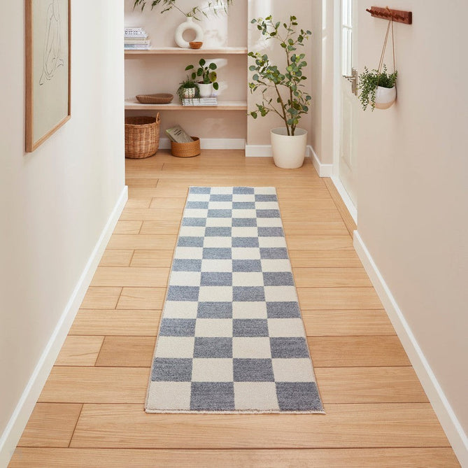 Baltimore 66618 Modern Checkerboard High-Density Smooth Polyester Flat-Pile Blue Runner-Think Rugs-Rug Love - The Most Loved Rug Store