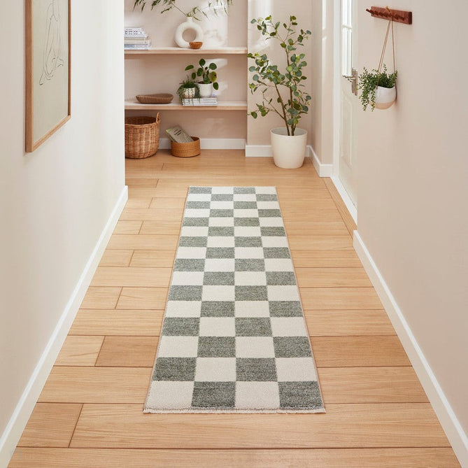 Baltimore 66618 Modern Checkerboard High-Density Smooth Polyester Flat-Pile Green Runner-Think Rugs-Rug Love - The Most Loved Rug Store