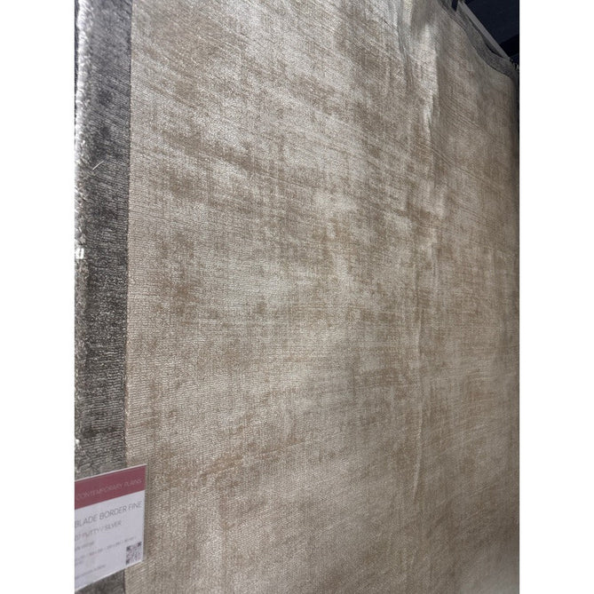 Blade Slim Border Modern Plain Distressed Tonal Metallic Shimmer Hand-Woven Soft Textured Tip Sheared Loop Pile Silky Viscose Flatweave Putty/Silver Border Rug-Asiatic Carpets-Rug Love - The Most Loved Rug Store