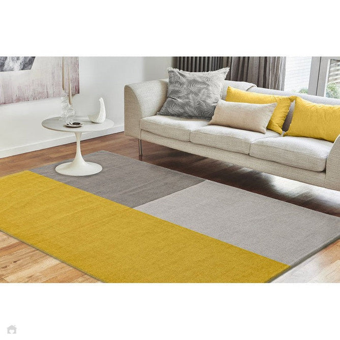 Blox Modern Plain Geometric Colour Block Hand-Woven Textured Low Profile Sheared Wool Loop Pile Mustard Yellow/Silver/Grey Rug-Asiatic Carpets-Rug Love - The Most Loved Rug Store