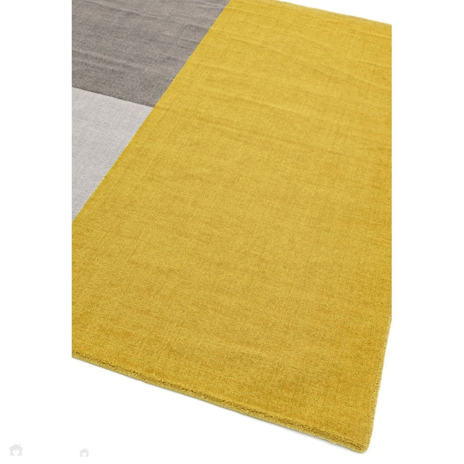 Blox Modern Plain Geometric Colour Block Hand-Woven Textured Low Profile Sheared Wool Loop Pile Mustard Yellow/Silver/Grey Rug-Asiatic Carpets-Rug Love - The Most Loved Rug Store