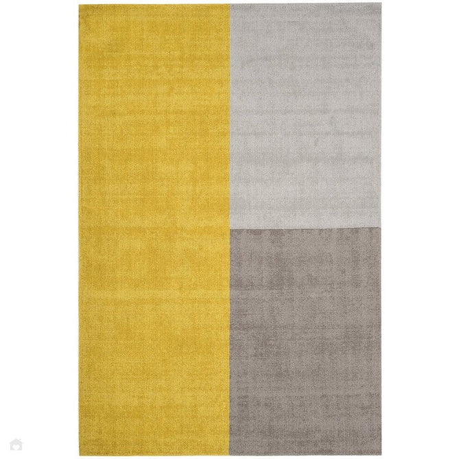 Blox Modern Plain Geometric Colour Block Hand-Woven Textured Low Profile Sheared Wool Loop Pile Mustard Yellow/Silver/Grey Rug-Asiatic Carpets-Rug Love - The Most Loved Rug Store