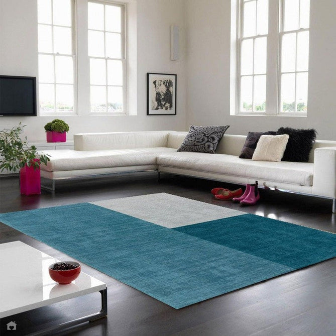 Blox Modern Plain Geometric Colour Block Hand-Woven Textured Low Profile Sheared Wool Loop Pile Teal/Grey Rug-Asiatic Carpets-Rug Love - The Most Loved Rug Store