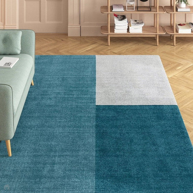 Blox Modern Plain Geometric Colour Block Hand-Woven Textured Low Profile Sheared Wool Loop Pile Teal/Grey Rug-Asiatic Carpets-Rug Love - The Most Loved Rug Store