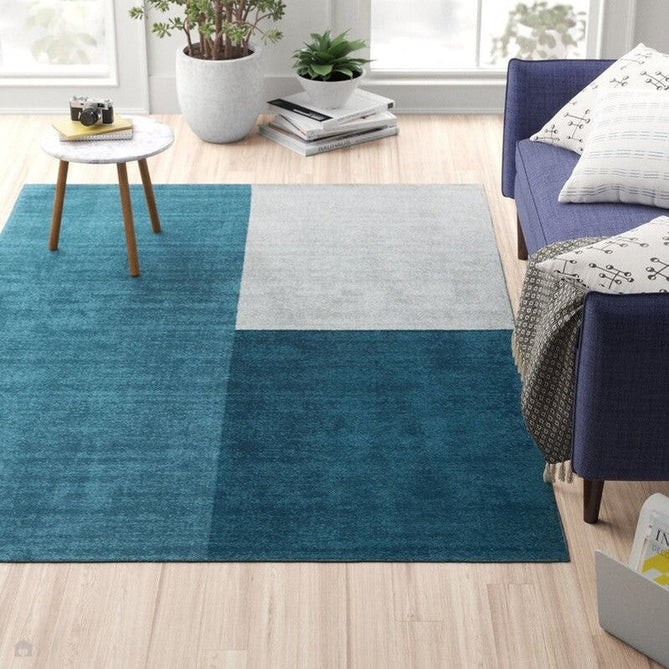 Blox Modern Plain Geometric Colour Block Hand-Woven Textured Low Profile Sheared Wool Loop Pile Teal/Grey Rug-Asiatic Carpets-Rug Love - The Most Loved Rug Store