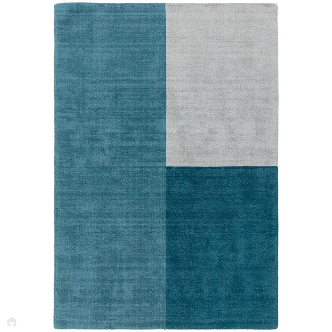 Blox Modern Plain Geometric Colour Block Hand-Woven Textured Low Profile Sheared Wool Loop Pile Teal/Grey Rug-Asiatic Carpets-Rug Love - The Most Loved Rug Store