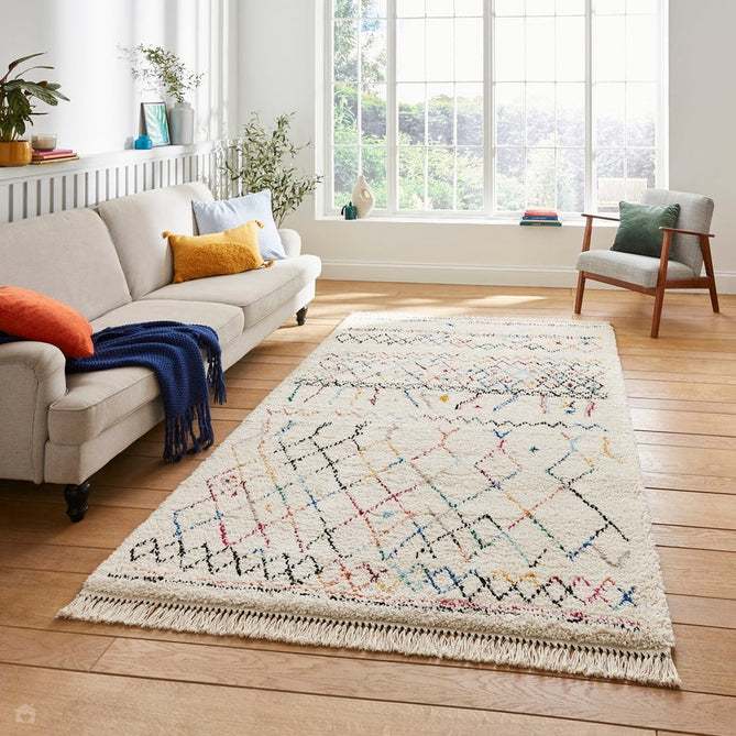 Boho A560 Diamond Modern Moroccan Berber Soft Plush Shaggy White/Multicolour Rug-Think Rugs-Rug Love - The Most Loved Rug Store