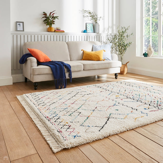 Boho A560 Diamond Modern Moroccan Berber Soft Plush Shaggy White/Multicolour Rug-Think Rugs-Rug Love - The Most Loved Rug Store