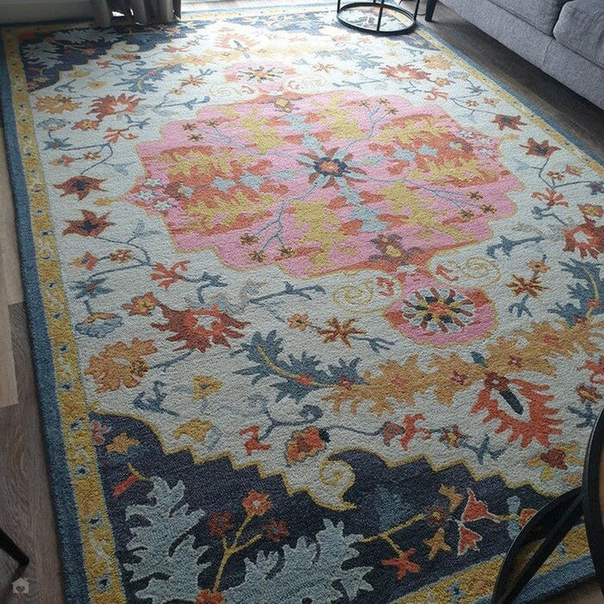 Bronte Traditional Persian Medallion Bordered Hand-Woven Textured Fine Wool Loop Pile Low Profile Short Pile Multicolour Rug-Asiatic Carpets-Rug Love - The Most Loved Rug Store