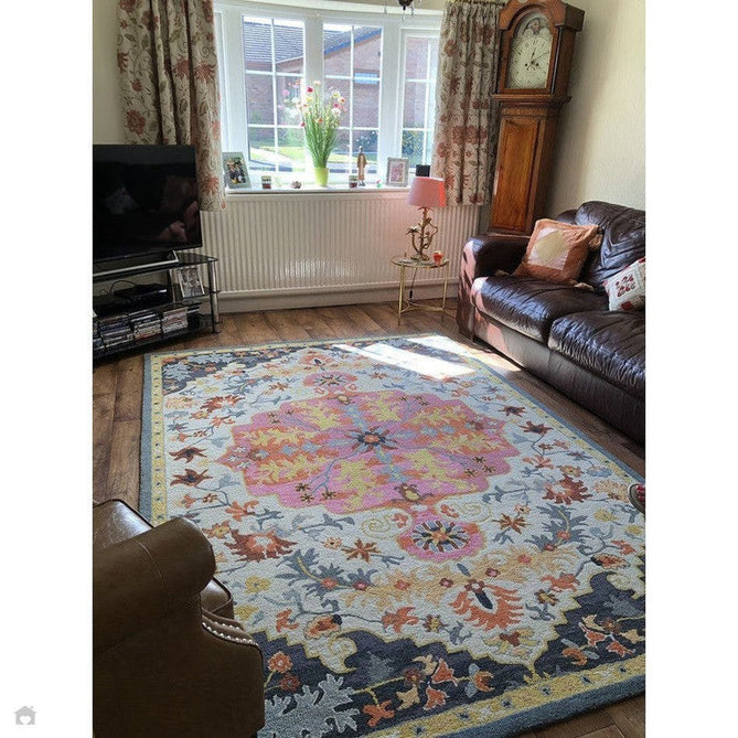 Bronte Traditional Persian Medallion Bordered Hand-Woven Textured Fine Wool Loop Pile Low Profile Short Pile Multicolour Rug-Asiatic Carpets-Rug Love - The Most Loved Rug Store