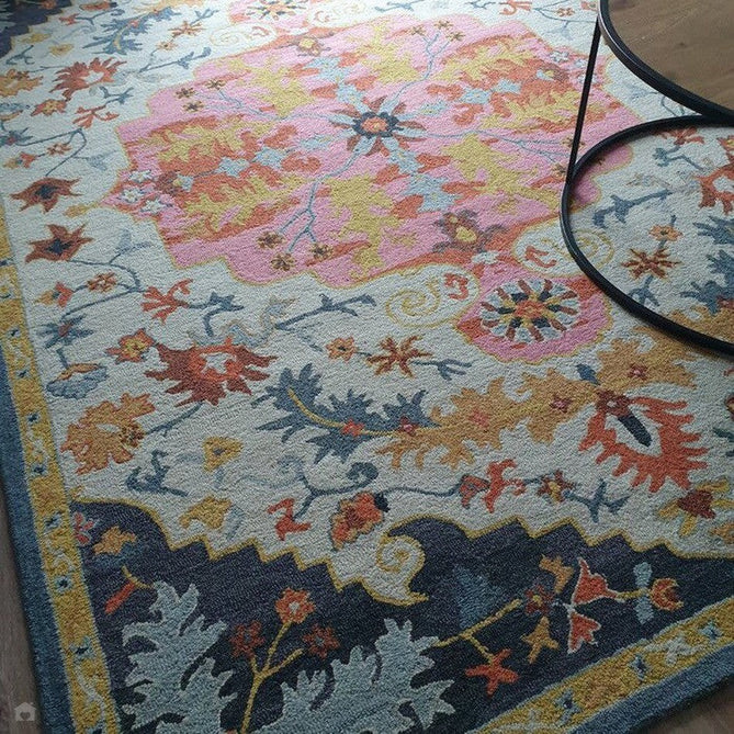 Bronte Traditional Persian Medallion Bordered Hand-Woven Textured Fine Wool Loop Pile Low Profile Short Pile Multicolour Rug-Asiatic Carpets-Rug Love - The Most Loved Rug Store