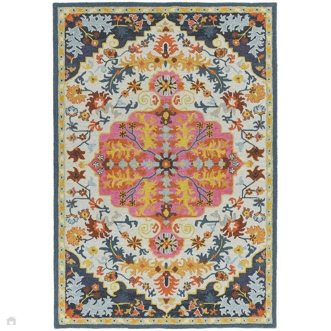 Bronte Traditional Persian Medallion Bordered Hand-Woven Textured Fine Wool Loop Pile Low Profile Short Pile Multicolour Rug-Asiatic Carpets-Rug Love - The Most Loved Rug Store