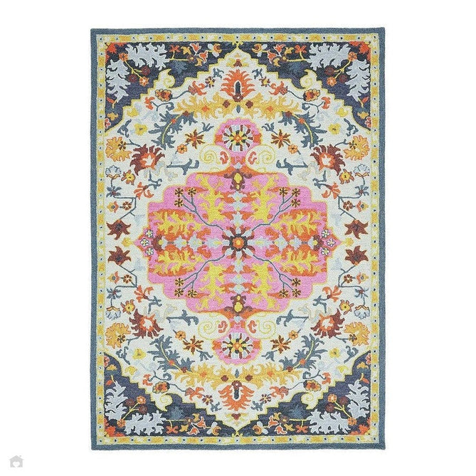 Bronte Traditional Persian Medallion Bordered Hand-Woven Textured Fine Wool Loop Pile Low Profile Short Pile Multicolour Rug-Asiatic Carpets-Rug Love - The Most Loved Rug Store