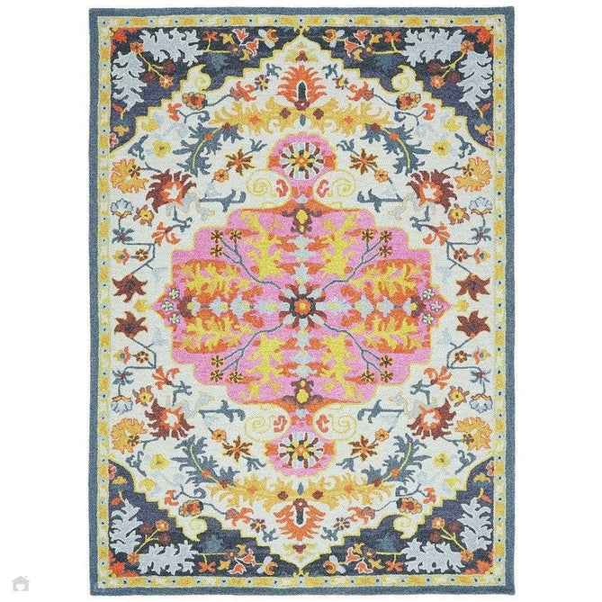 Bronte Traditional Persian Medallion Bordered Hand-Woven Textured Fine Wool Loop Pile Low Profile Short Pile Multicolour Rug-Asiatic Carpets-Rug Love - The Most Loved Rug Store